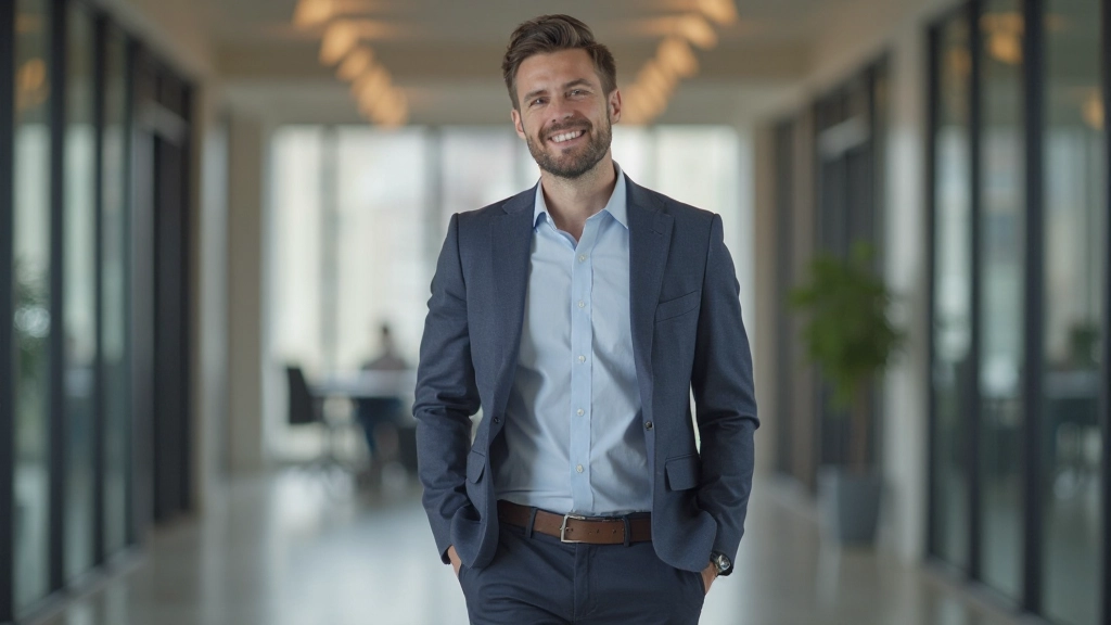 Beroepspersoon loopt door kantoor met oprechte zelfverzekerde houding en rechtopstaande positie