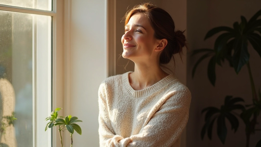 Vrouw staand voor raam met hand op hart, reflectief moment met vredige gezichtsuitdrukking en natuurlijk licht van buiten