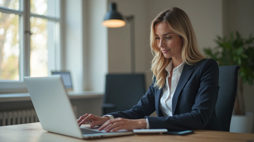 Vrouw zit in moderne kantoorruimte aan bureau, werkt aan laptop met zelfverzekerde houding en gerichte concentratie, toont professioneel zelfvertrouwen