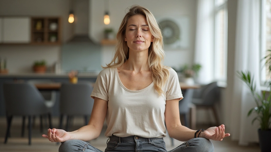 Vrouw van middelbare leeftijd mediteert in rustige thuisomgeving met natuurlijk zonlicht